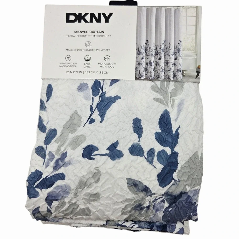 DKNY Floral Silhouette Microsculpt Fabric Shower Curtain White Blue 72x72inch